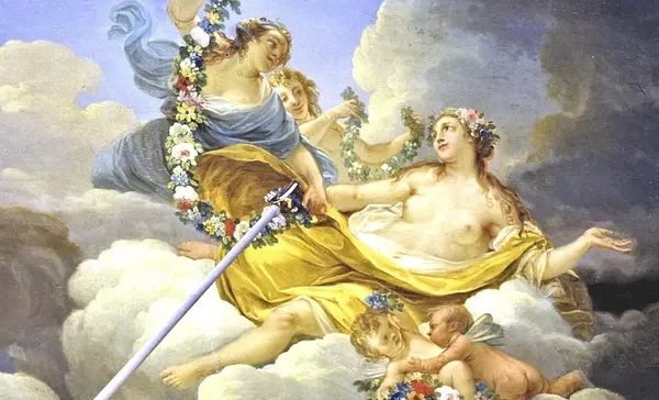 Foto: Staatliche Schlösser und Gärten Baden-Württemberg, Andrea Rachele Schloss Solitude, Palmenzimmer, Deckenfresko, Aurora, Ausschnitt