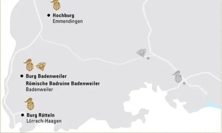 Illustration: Staatliche Schlösser und Gärten Baden-Württemberg, JUNG:Kommunikation GmbH Karte der Region "Geheimnisvolle Ruinen am Oberrhein"