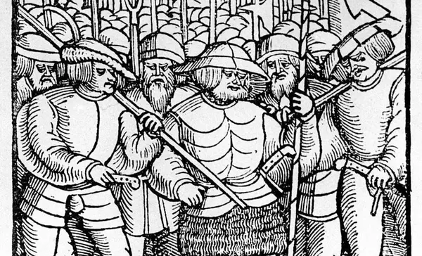 Foto: Landesmedienzentrum Baden-Württemberg, Robert Bothner Bewaffnete Bauern, zeitgenössischer Holzschnitt