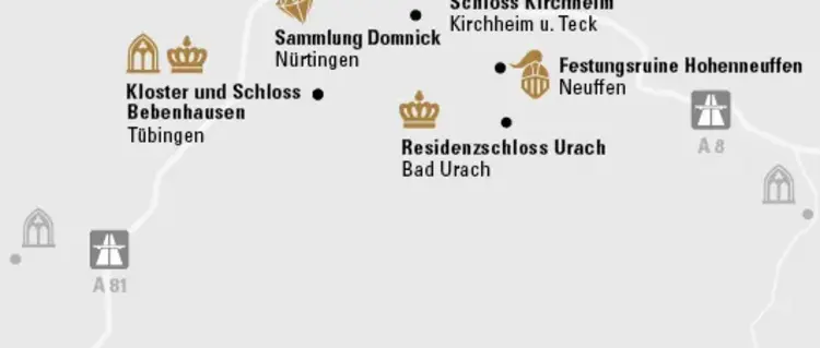 Illustration: Staatliche Schlösser und Gärten Baden-Württemberg, JUNG:Kommunikation GmbH Karte der Region "Vom Schönbuch bis zum Albtrauf"