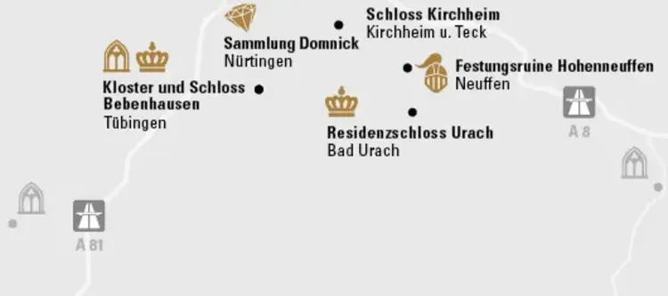 Illustration: Staatliche Schlösser und Gärten Baden-Württemberg, JUNG:Kommunikation GmbH Karte der Region "Vom Schönbuch bis zum Albtrauf"