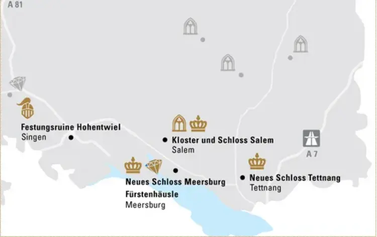 Illustration: Staatliche Schlösser und Gärten Baden-Württemberg, JUNG:Kommunikation GmbH Karte der Region "Glanzvolle Perlen am Bodensee"
