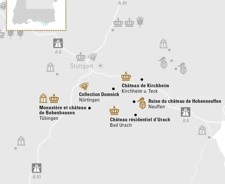 Visuel des Staatliche Schlösser und Gärten Baden-Württemberg, Illustration JUNG:Kommunikation Jura Souabe et Tübingen