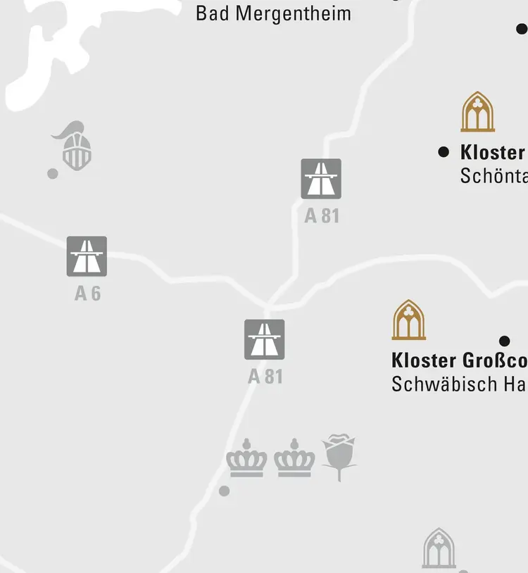 Illustration: Staatliche Schlösser und Gärten Baden-Württemberg, JUNG:Kommunikation GmbH Karte der Region "Verborgene Schatzkästchen im Nordosten"