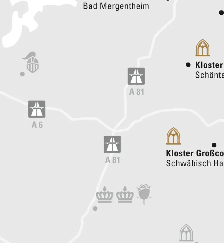 Illustration: Staatliche Schlösser und Gärten Baden-Württemberg, JUNG:Kommunikation GmbH Karte der Region "Verborgene Schatzkästchen im Nordosten"