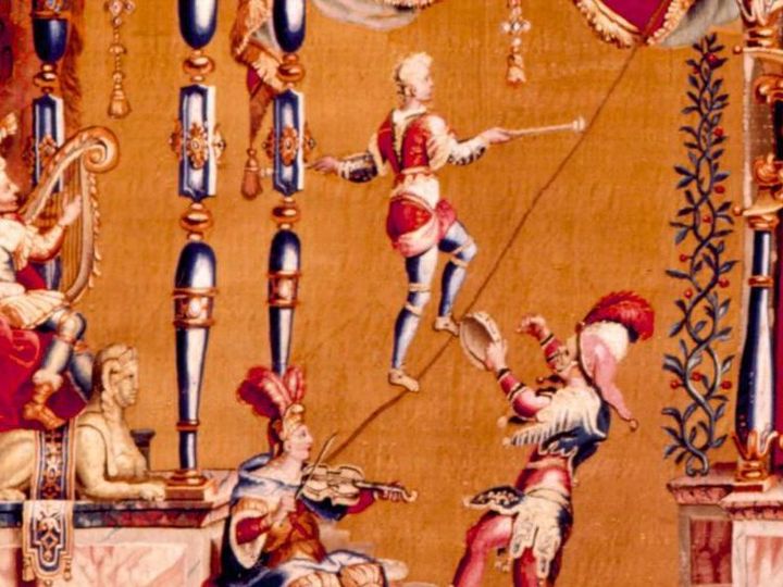 Foto: Staatliche Schlösser und Gärten Baden-Württemberg, Arnim Weischer Schloss Bruchsal, Detail aus Wandteppich der Groteskenfolge, Schloss Bruchsal